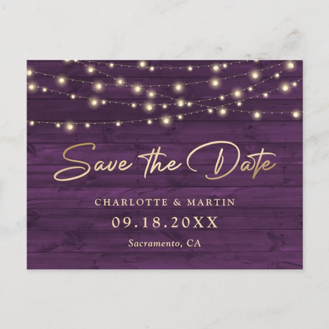 Postal De Anuncios Púrpura Rustic Wood String Lights Save the Date (Anverso)