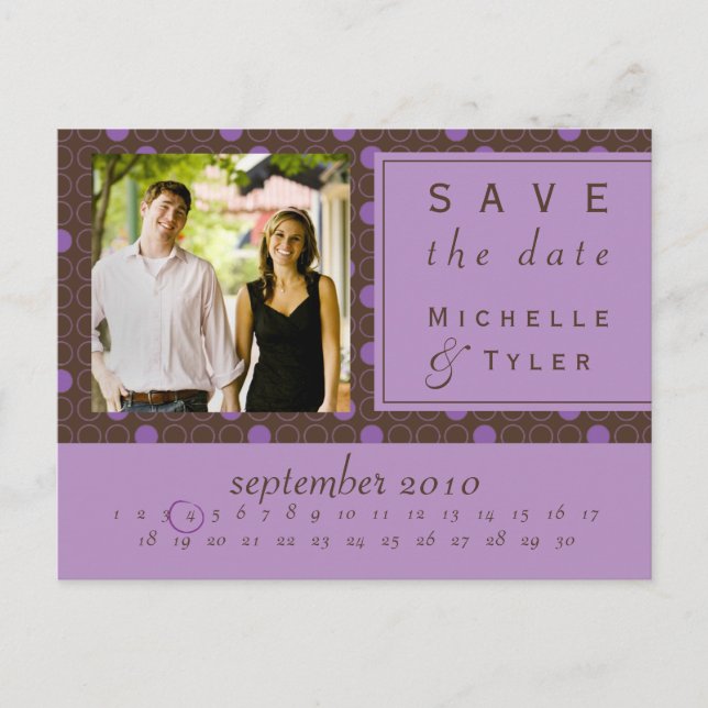 Postal De Anuncios Púrpura y Brown Circle Save the Date (Anverso)