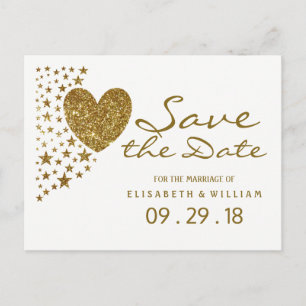 Postal De Anuncios Purpurina de oro, corazón y boda de estrellas salv