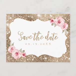 Postal De Anuncios Purpurina de oro espumoso floral rosa salva la fec
