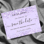 Postal De Anuncios Purpurina violeta de cumpleaños salva la fecha<br><div class="desc">Una chica y de moda Guardar la tarjeta de fecha para una fiesta de cumpleaños número 40 (o cualquier edad). Fondo violeta de color lavanda adornado con polvo falso purpurina. Personalice y agregue una fecha y nombre/edad 40. El texto: Save the Date se escribe con un gran guión de estilo...</div>