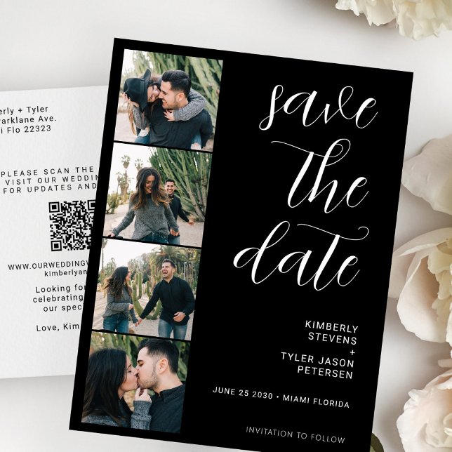 Postal De Anuncios QR CODE modern 4 photos black wedding (Subido por el creador)
