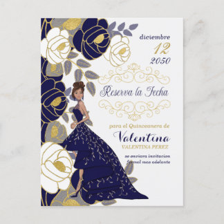 Postal De Anuncios Quincanera española floral azul de la marina salva