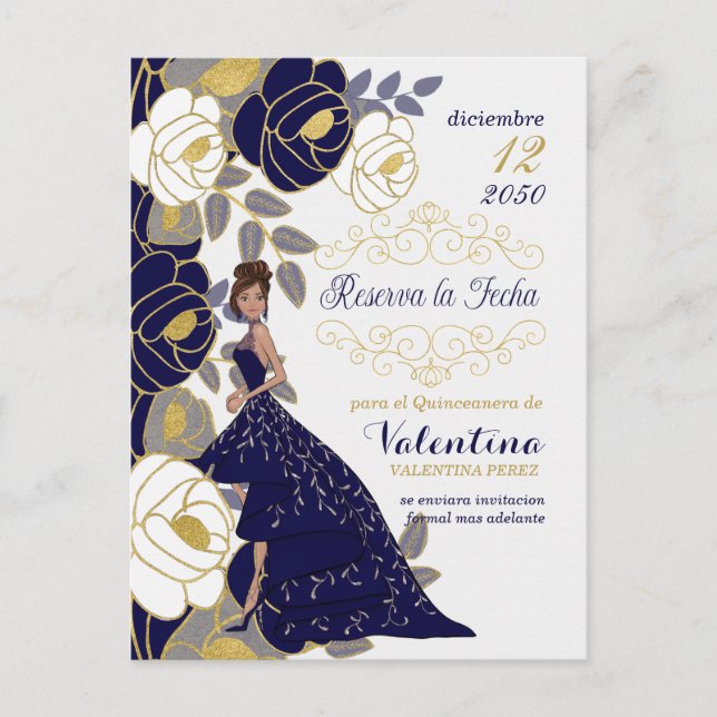 Postal De Anuncios Quincanera española floral azul de la marina salva (Anverso)
