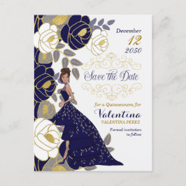 Postal De Anuncios Quincanera floral azul de la marina salva la fecha