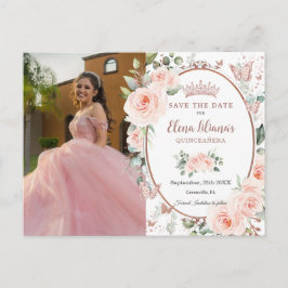 Postal De Anuncios Quinceañera de mariposas doradas rosadas florales 
