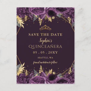 Postal De Anuncios Quinceañera floral de oro púrpura salva la fecha