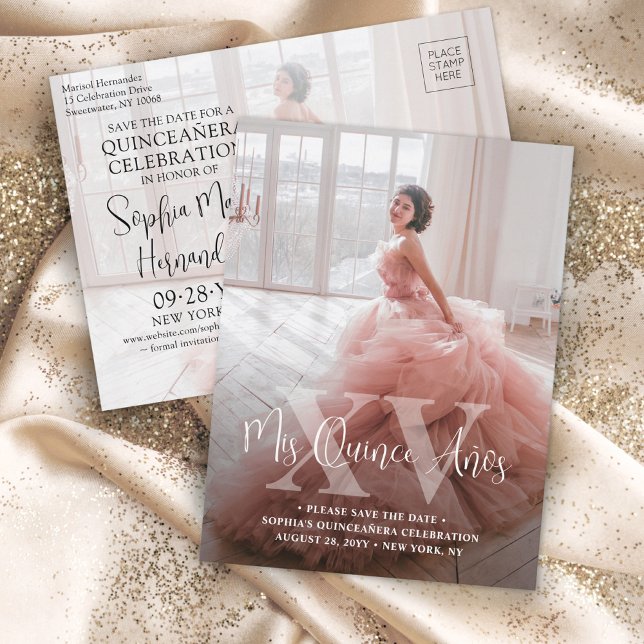 Postal De Anuncios Quinceañera Guardar la Fecha Foto Moderna Mis XV A (Subido por el creador)