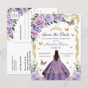 Postal De Anuncios Quinceañera Lila Púrpura Rosa Floral Oro Princesa