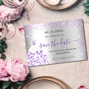 Postal De Anuncios Quinceañera plata morado destellos guardar la fech