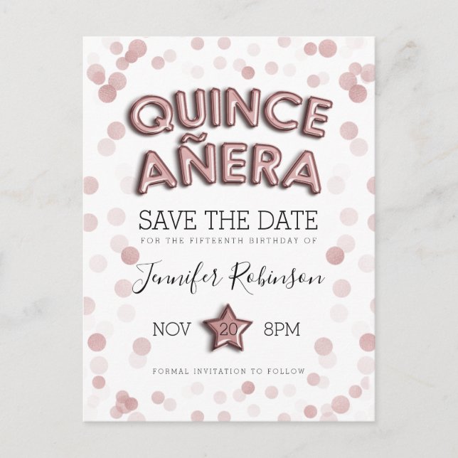 Postal De Anuncios Quinceañera Salva La Fecha Globos de Oro Rosa (Anverso)