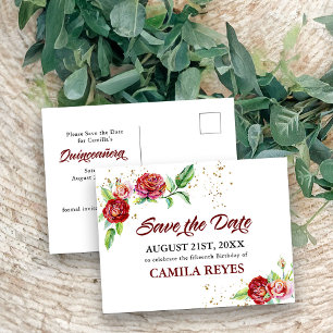 Postal De Anuncios Quinceañera Salva la Fecha Rosas Rojas Acuarela