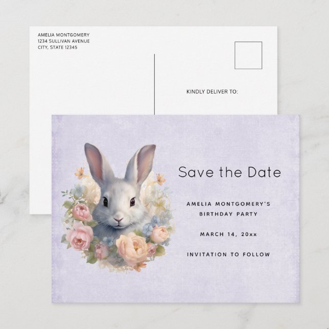 Postal De Anuncios Rabbit Surrounded by Pastel Flowers Cute (Anverso / Reverso)