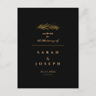 Postal De Anuncios Rama de hojas doradas esparce elegante Boda negro