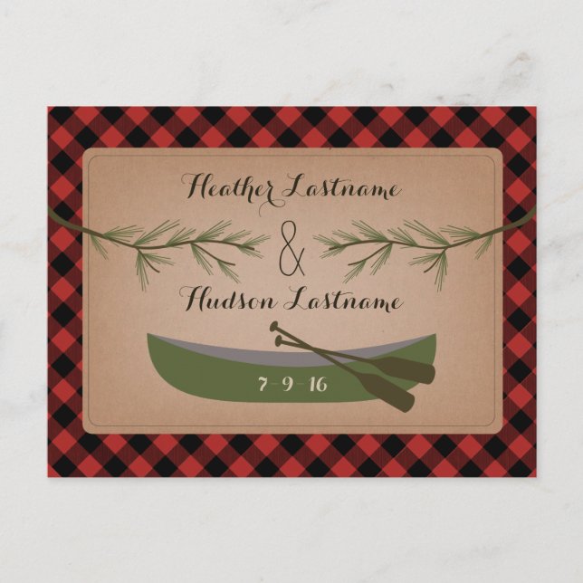 Postal De Anuncios Ramas de hoja perenne + Canoa Plaid Save The Date (Anverso)