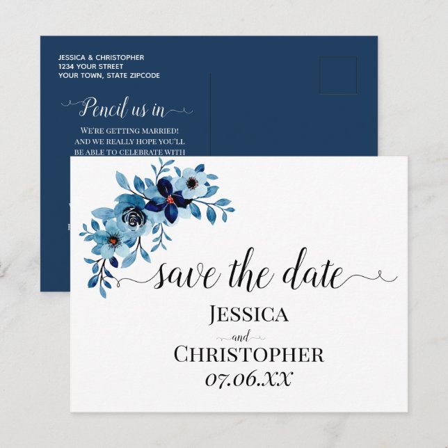 Postal De Anuncios Ramo de flores de acuarela azul polvoriento elegan (Anverso / Reverso)