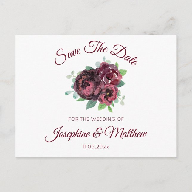 Postal De Anuncios Ramo de Rosa Borgoña Save the Date (Anverso)