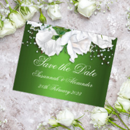 Postal De Anuncios Ramo de Rosas Blancas y Boda Verde Metálico