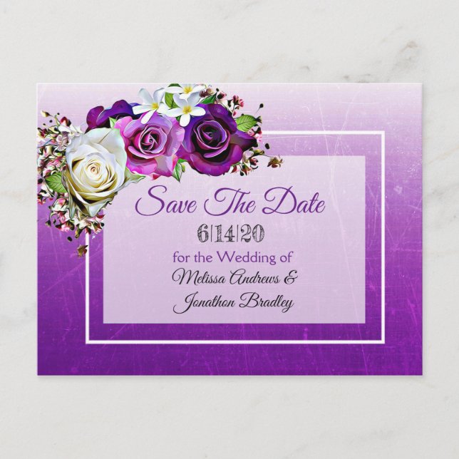 Postal De Anuncios Ramo de rosas púrpura para boda Save the Date (Anverso)