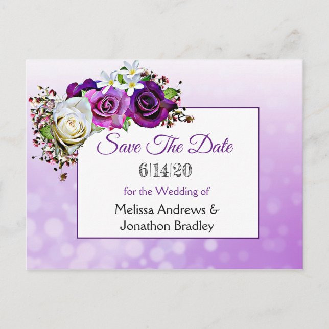 Postal De Anuncios Ramo de rosas púrpuras Save the Date boda (Anverso)