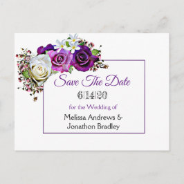 Postal De Anuncios Ramo de rosas púrpuras Save the Date de boda