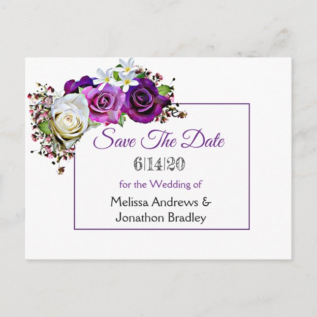 Postal De Anuncios Ramo de rosas púrpuras Save the Date de boda (Anverso)
