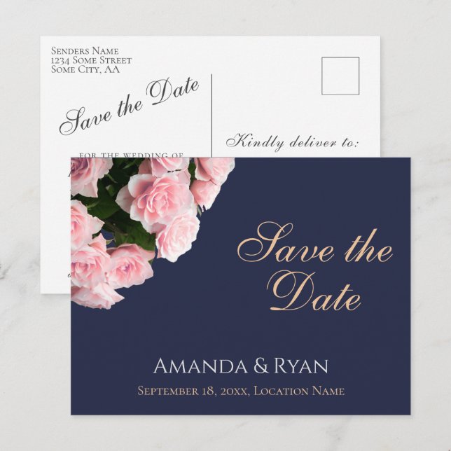 Postal De Anuncios Ramo de rosas rosadas elegantes para boda Save the (Anverso / Reverso)