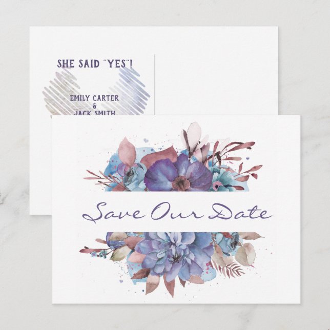 Postal De Anuncios Ramo Floral Acuarela Save the Date (Anverso / Reverso)