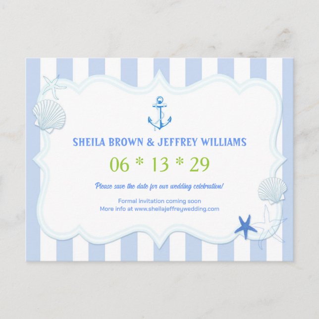 Postal De Anuncios Rayas Azules Náuticas Boda Ahorra la Fecha (Anverso)