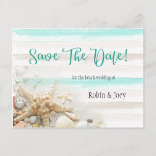 Postal De Anuncios Rayas de turquesa y marfil Seashells Save The Date