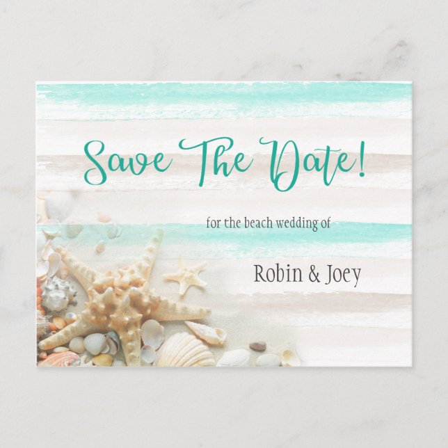 Postal De Anuncios Rayas de turquesa y marfil Seashells Save The Date (Anverso)