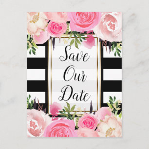 Postal De Anuncios Rayas Negras Blancas Floral Rosa Save The Date