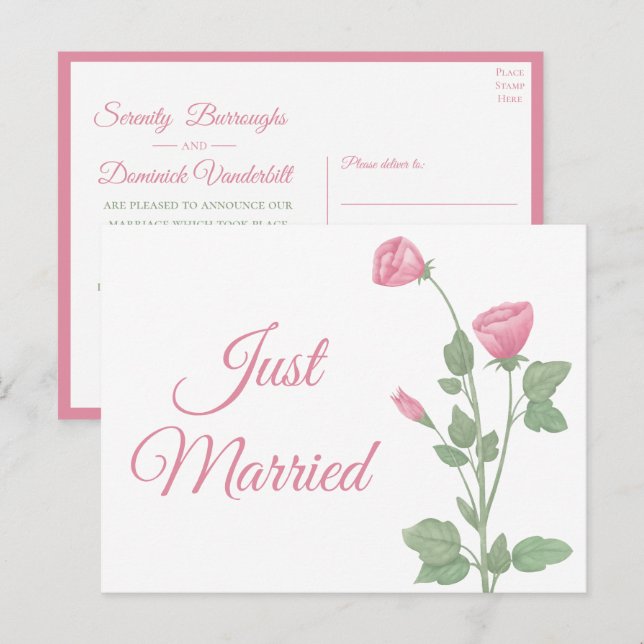 Postal De Anuncios Recién Casados Acuarela Floral Rosa Boda (Anverso / Reverso)