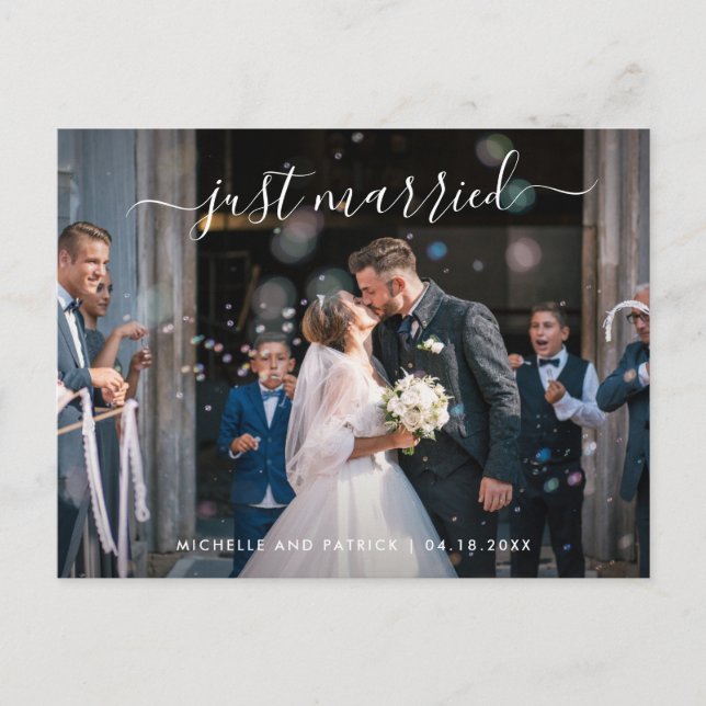 Postal De Anuncios Recién Casados Elegante Letra Foto Elopement (Anverso)