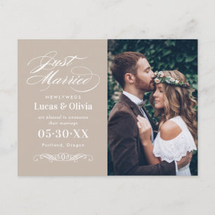 Postal De Anuncios Recién Casados Foto de Boda Beige Elegante