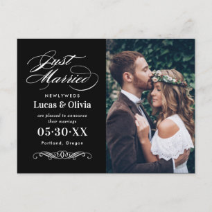 Postal De Anuncios Recién Casados Foto de Boda Elegante en Blanco y N