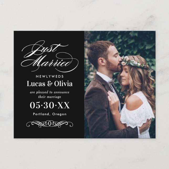 Postal De Anuncios Recién Casados Foto de Boda Elegante en Blanco y N (Anverso)