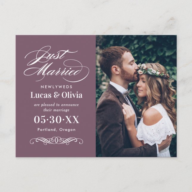 Postal De Anuncios Recién Casados Foto de Boda Elegante Morado Ciruel (Anverso)