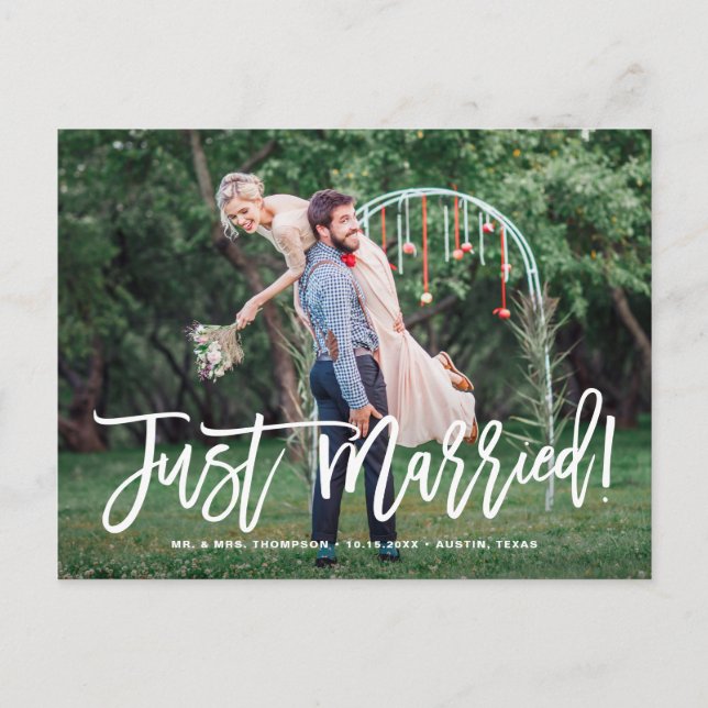 Postal De Anuncios Recién Casados Foto de Boda Letra a Mano (Anverso)