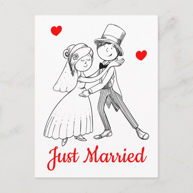 Postal De Anuncios Recién Casados Rojo Negro Dibujo Animado Novia Nov (Anverso)