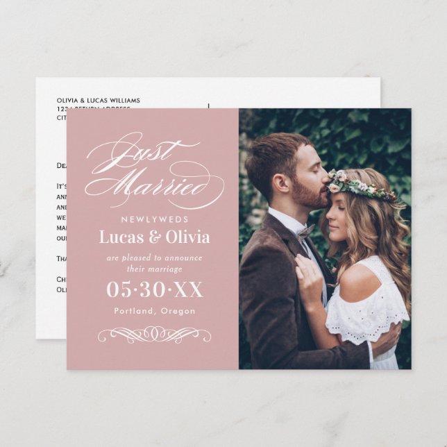 Postal De Anuncios Recién Casados Rosa Elegante Foto de Boda (Anverso / Reverso)