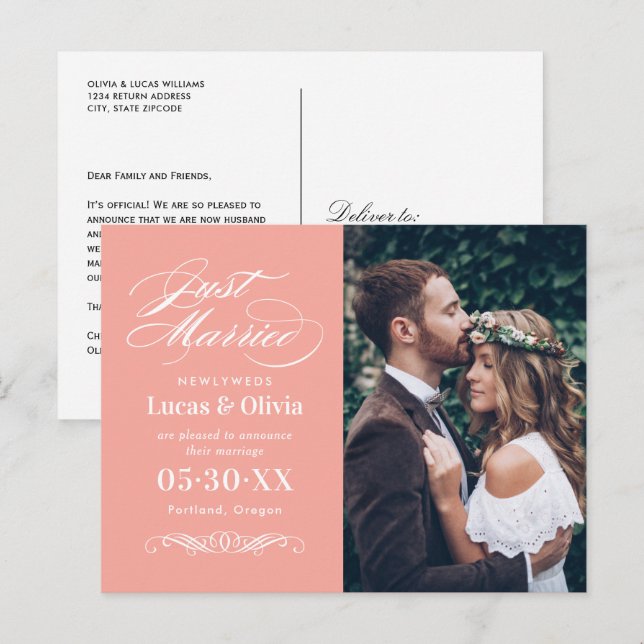 Postal De Anuncios Recién Casados Rosa Salmón Elegante Foto de Boda (Anverso / Reverso)