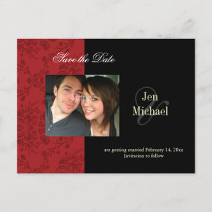 Postal De Anuncios Red Damask Save the Date Photo postcards,