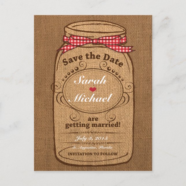 Postal De Anuncios Red Gingham y Burlap Mason Jar Salven la Fecha (Anverso)