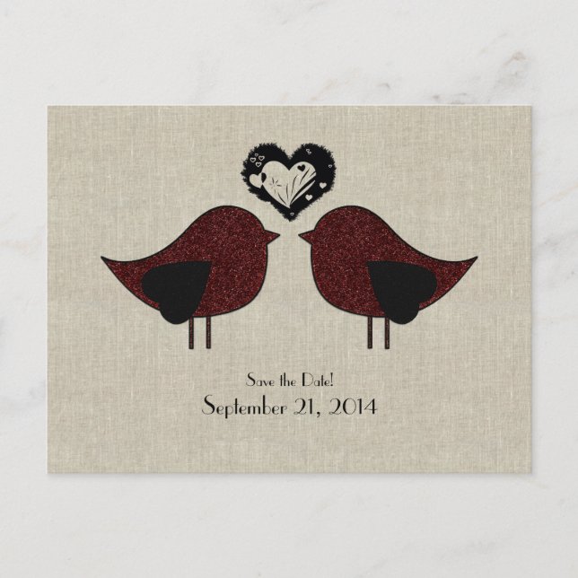 Postal De Anuncios Red Love Birds Linen Look Save the Date (Anverso)