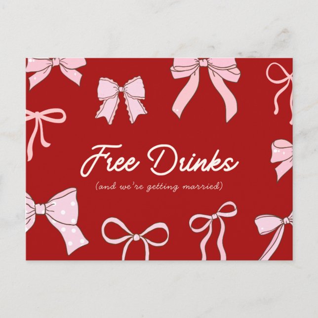 Postal De Anuncios Red Pink Coquette Bow Free Drinks Save the Date (Anverso)