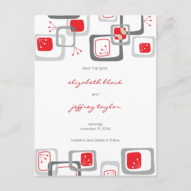 Postal De Anuncios Red Retro Cherry Squares Mod Art Salvar La Fecha (Anverso)