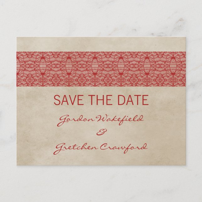 Postal De Anuncios Red Rustic Lace Save the Date Postcard (Anverso)