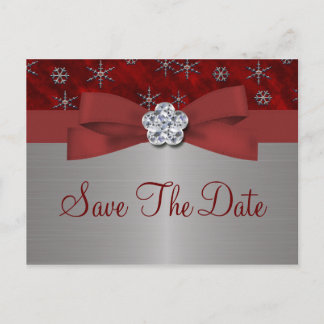 Postal De Anuncios Red Velour & Silver Snowflakes Save The Date