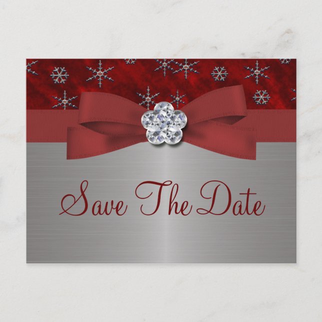 Postal De Anuncios Red Velour & Silver Snowflakes Save The Date (Anverso)